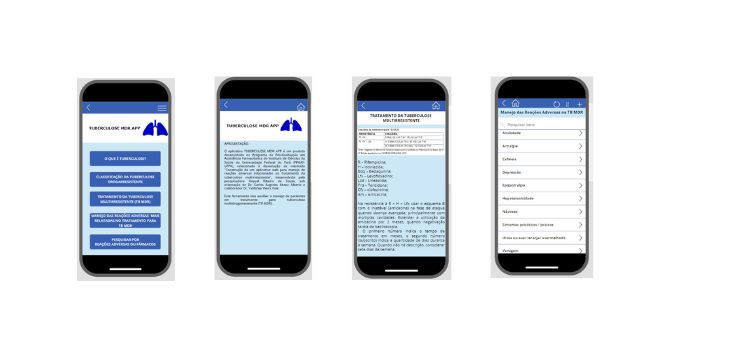 #ParaTodosVerem: Arte com fundo branco mostra celular de cor preta que exibe a página inicial e outras abas do aplicativo “Tuberculose MDRR APP”.